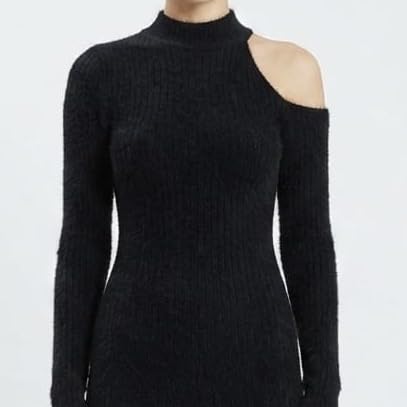 Image of Women Ribbed Knit Bodycon Dress with Asymmetrical Cut Out Neckline Premium Boutique Single Piece Long Sleeve Winter Midi Dress Unique One of One Limited Availability Grey