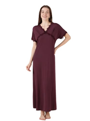 Image of 9shines Label Stylish Soft Modal Maxi Nighty | Honeymoon Nighty | Full Length Trendy Nightgown | V-Neck Lace | Premium Nightdress | Soft Long Nightdress | Maxi Gown Nightwear for Women (Malai Satin)