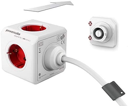 PowerCube Extended 3 m, mit Sockel für Tischmontage, 5 Mehrfachsteckdosen, rot