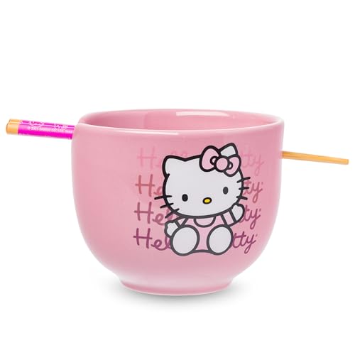 Silver Buffalo Sanrio Hello Kitty Waving Pink Ceramic Ramen Noodle Rice Bowl with Chopsticks, Microwave Safe, 20 Ounces,