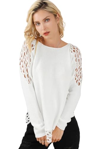 Women's Casual White Solid Scoop Neck Hollow Out Sweater