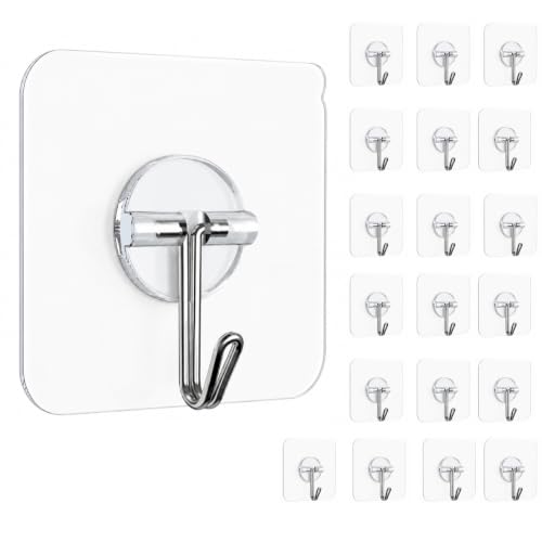 Image of KONVIO NEER Self Adhesive Wall Hanging Screw Hooks Heavy Duty Hanging Sticky Hooks for Kitchen, Bathroom, Decoration |Nail Free, Transparent Wall Screw Hooks (Hanging Hook, 20 Pack)
