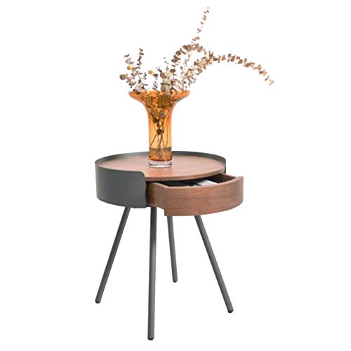 Side Table Round sofa side table, Walnut creative bedside table, Metal table legs, Side table with drawer, 2 colors DURABLE (Color : Metallic dark gray, Size : 17.71 * 21.25in)