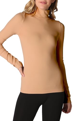 NIKIBIKI Women Seamless Long Sleeve Mock Neck Top, Made in U.S.A, One Size (Arizona Tan)
