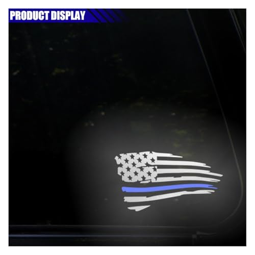 Image of American Flag Sticker Decal, Waterproof Vinyl Police Badge Decal, Thin Blue Line Sticker Support Police Law Enforcement for Cars, Trucks, Laptops, Tumblers (Reflective White&Blue)