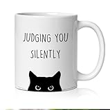 BEHIFL Funny Black Cat Mug, Black Cat Gifts Coffee Cup Ceramic, Cats Lover Lady Mom Dad Gifts, Judging You Silently Funny Kitty Kitten Ceramic Coffee Tea Mug 11 oz