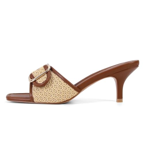 Image of Dsevht Black Kitten Heel Sandals Stiletto Low Heels Slip On Slides Mule Sandal Square Open Toe Dress Shoes for Women
