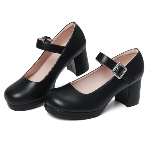 Image of femflame Women's Low Chunky Heel Mary Jane Pumps Ankle Buckle Strap Sweet Round Toe Dress Shoes JK Cosplay Uniform Dress Shoes