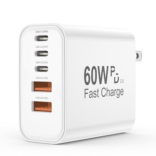 USB C Charger Block, 5 in 1 Single 25W Max iPhone Charger, PD 3.0 60W Charging Blocks, QC 2A USB Wall Charger for iPhone 17 16 15 14 13 12 Pro Max, iPad, iPod, Samsung, AirPods Pro, Apple Watch Series
