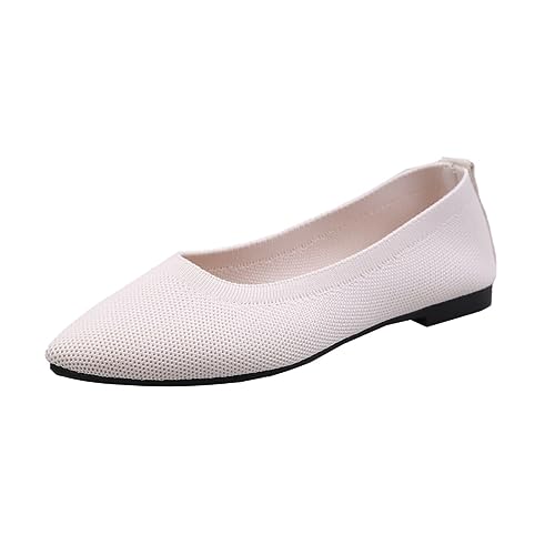 Women's Ballet Flats Dressy Pointy Toe Flat Shoes Lightweight Slip on Loafers Soft Knitted Comfortable Work Flats Low Heels Closed Toe Court Shoes White