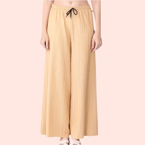 Image of Women Solid Wide Leg Palazzo Pants | Elastic Waist Drawstring Lounge Palazzo Trousers | Casual Comfortable Palazzo for Women & Girls (Pack of 2 Cream-Black