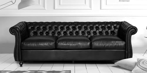 Image of Modern and Stylish 3 Seater Chesterfield Luxury Sofa with Valvet and Fabric Comfortable Sofa for Living Room, Dining Room, Hallway, and Office-(Black).