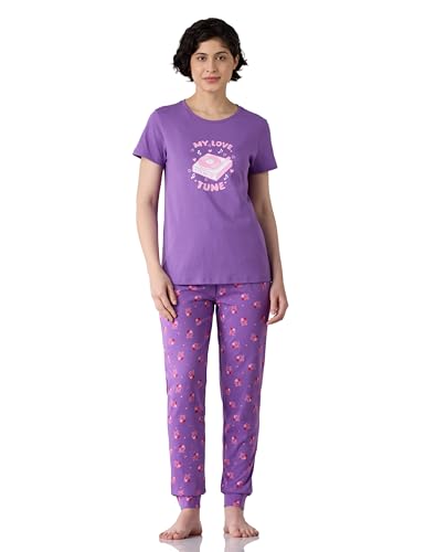Image of Amazon Brand - Symbol Women Cotton T-Shirt and Jogger Night Suit | Two Piece Set| Regular Fit (Available in Plus Sizes)