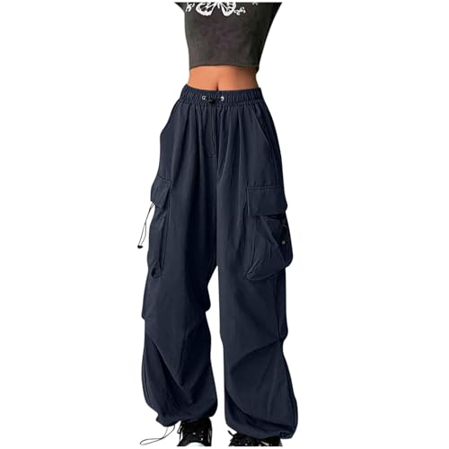 Parachute Pants Woman Y2K Fashion Baggy Cargo Pants Drawstring Elastic High Waist Streetwear Trousers with Pockets