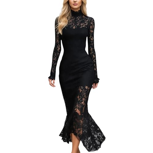 Elegant Long Sleeve Bodycon Dress High Waist Slim Fit Casual Midi Dress for Autumn Winter, black, M