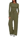 Darong Women's 2 Piece Matching Lounge Set Long Sleeve Slightly Crop Top Wide Leg Pants Casual Tracksuits 9065A Army Green M