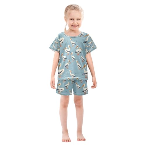 Pajama Sets Short Sleeve White Pelican Pattern Soft Cotton Summer Sleepwear 2 Piece PJS Size 5-14T4