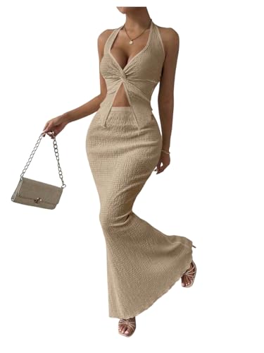 Image of SOLY HUX Women's Two Piece Outfits Twist Front Halter Cami Tops and Skirt Summer Set
