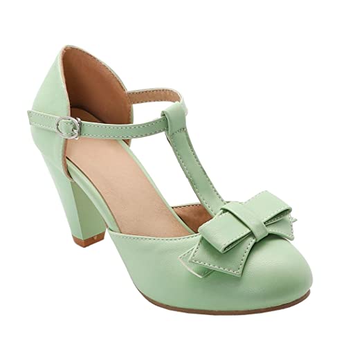 Image of Elbslutt Women's Cute Retro Rockabilly Shoes T Strap Mary Janes Heels Chunky Cosplay Shoes Sweet Block Heeled Bow Pumps