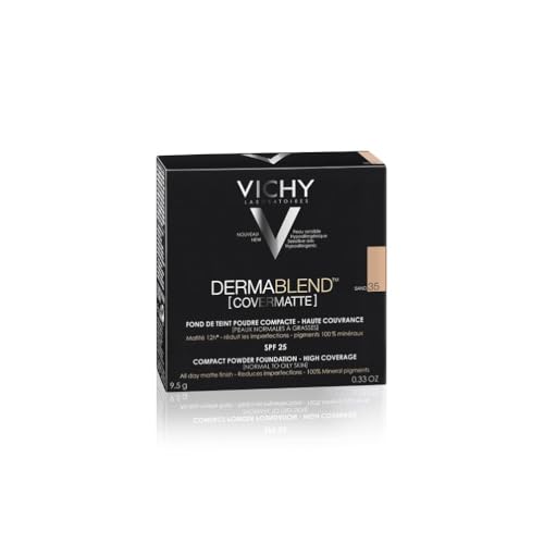 Vichy, Dermablend Covermatte, Fond de Teint Poudre Compacte, Anti-Imperfections, Longue Tenue 12H, Haute Couvrance, SPF 25, Adapté aux Peaux Sensibles, Teinte : Sable 35, 9,5 g