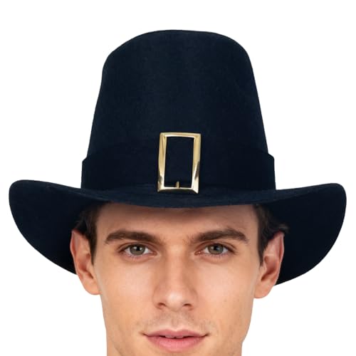Chapeaux de Pilgrim - 25 x 15 x 3 cm en laine réglable noir - Chapeau en fourrure rétro avec boucle dorée pour Thanksgiving Cosplay Jeux scolaires Photoshoot Festivals Costume de famille Réunions