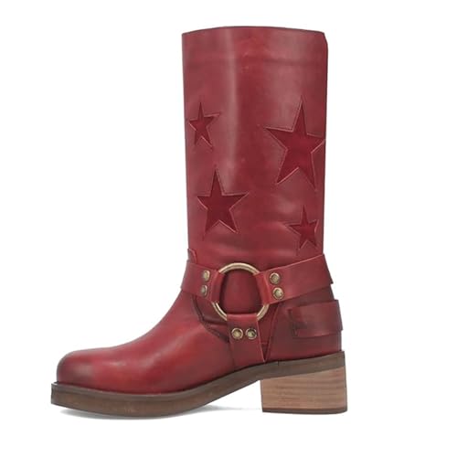 Goolita Buckle Biker Boots Women Square Toe Chunky Heel Star Moto Mid Calf Boots Slip On Motorcycle Riding Boot3