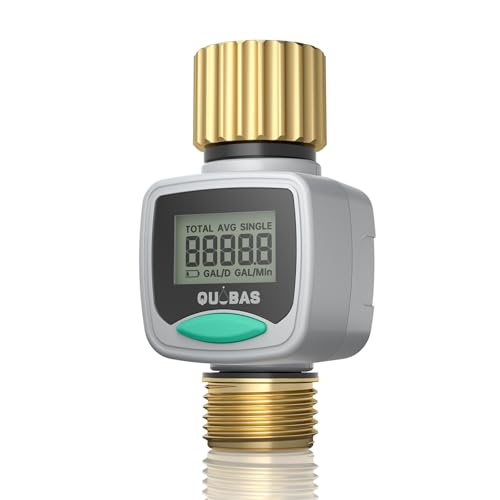 QUOBAS Water Flow Meter with Brass Fittings Easy-Install Garden Hose Flow Meter for RV Outdoor Plants Lawn & Pool Waterproof Screen Tracks Gallon/Liter Usage 4 Modes