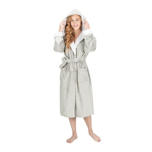 MONHOUSE Womens Dressing Gown - Premium Super Soft & Cosy Long Bathrobe - Ladies Thick Flannel Luxury Housecoat - Warm Fluffy Shearling Spa Robe for Her - Sherpa Bathrobe - Silver Sherpa UK 12-14