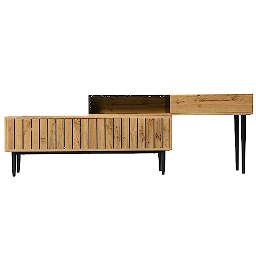 Meuble TV moderne avec grain de bois foncé et plateau effet marbre chic