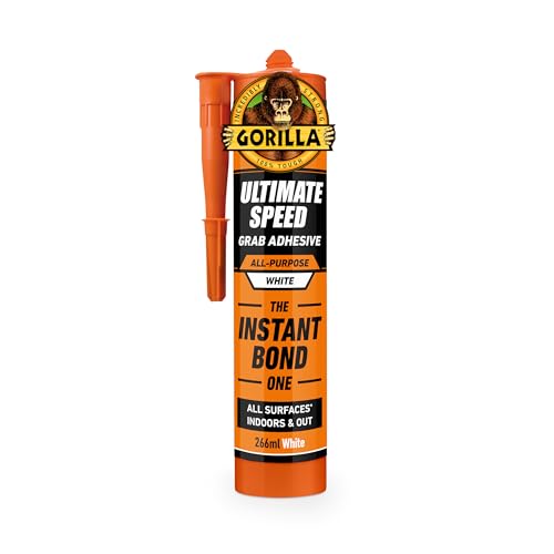 Gorilla ULTIMATE Speed Grab Adhesive, 266ml – Our Fastest Grab, Instant Hold, High Strength, 100% Waterproof, Withstands Extreme Temperatures, Gap Filling | Use On Metal, Wood, Brick (White)