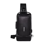 Bolsa Masculina Pochete de Couro Antifurto, Impermeável, com USB, Transversal, Couro, Anti-Roubo, Esportiva, Academia (Preta)