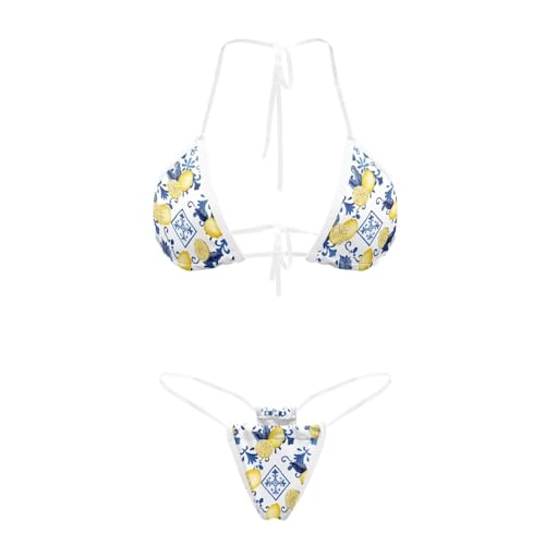 Jekioweii Lemon Floral Women's Bikini Set Transparent Strap Cheeky Swimsuit Halter String Bathing Suit Two Piece Micro Thong Bikini Swimwear