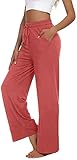 VIGVAN Jogginghose Damen Yogahose Weites Bein Freizeithose Trainingshose Sporthose Modale Pyjamahosen Aktive Freizeit Gerades Bein Kordelzug Lose Lounge Pants mit Taschen(Rosa,XXL)