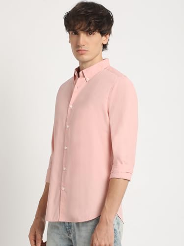 Image of The Bear House Men's Pink Solid Slim Fit Cotton Casual Shirt