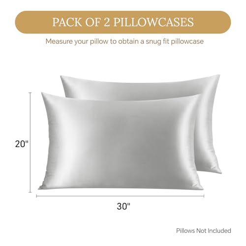Image of INFIIXSO Mulberry Silk Pillowcase for Hair and Skin, Silk Pillow Cases Queen Size Set of 2 with Hidden Zipper 20x30 Inches, Ultra Soft Cooling Pillow Cases for Hot Sleepers(Light Grey, 2 Pack)