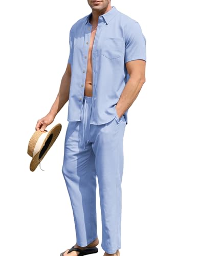 URRU Men’s 2 Piece Linen Outfit Summer Beach Short Sleeve