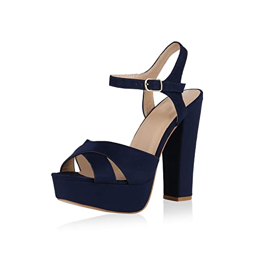 VAN HILL Damen Plateau Sandaletten Wildleder-Optik Party Schuhe Blockabsatz High Heels Basic Riemchen Absatzschuhe 175407 Dunkelblau 37