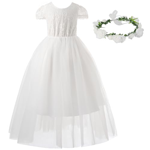 Girls Dresses Size 6-10Y White Lace Dress Toddler Girls Outfit Ivory Flower Girl Kids Formal Dress with Flower Crown
