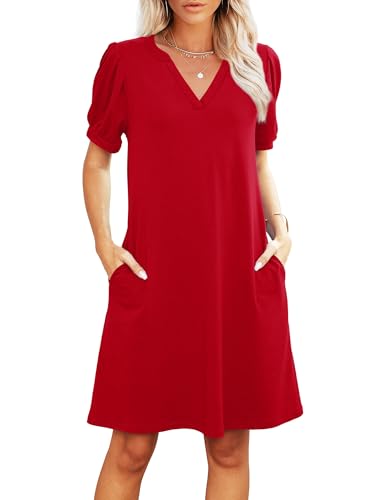 RUMIA V-Neck Summer Casual Sundress for Women- Short Sleeve Swing Beach Dress with Pockets Red