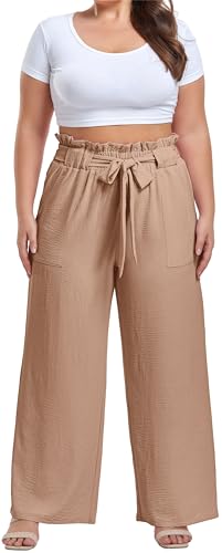 Image of OLRIK Women's Plus Size Pants Adjustable High Waisted Wide Leg Palazzo Pants Casual Trousers with Pockets Spring Clothes