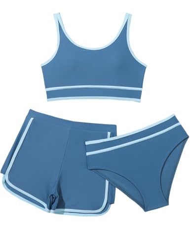 KORADI Girls Swimsuits 3 Piece Bathing Suit Bikini Set with Sporty Shorts High Waist Bikini Beach Swimwear 8-14 Years