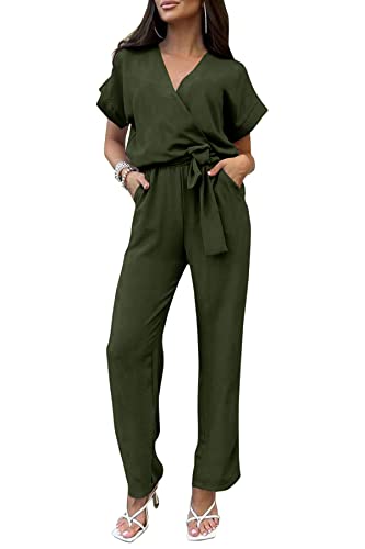 PRETTYGARDEN Women's Summer One Piece Jumpsuits Belted Short Sleeve Wrap V Neck Fashion Dressy Casual Wide Leg Pants Romper