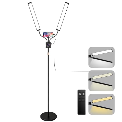 BeeMingle Dual Arms Lash Light Dimmable 3 Color Tattoo Ring Light with Phone Holder 30W Professional LED Esthetician Floor Lamp for Selfie Makeup Video Photography Live Streaming(Black)