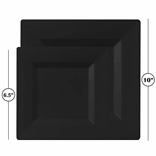 Bloomingoods Disposable Plastic Black Square Plates, 100-Pack 6.5 & 10 In. Combo Premium Heavy Duty Square Plastic Plates, Ideal For Wedding, Party, Event Or Catering #TOP2