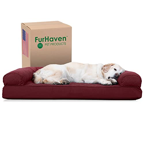 Furhaven Cooling Gel Dog Bed for Large Dogs w/ Removable Bolsters & Washable Cover, For Dogs Up to 95 lbs - Quilted Sofa - Wine Red, Jumbo/XL