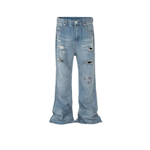 Men Women Washed Jeans Splashing Ink Through Holes Baggy Jeans