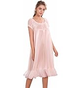 Flwydran Women's Nightgowns Short Sleeve Satin Silk Plus Size Pink Victorian Nightdress