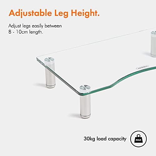 VonHaus Monitor Stand for Desks - Height Adjustable - Screen Riser for Computers, Laptops & TVs - Clear Curved Glass with Aluminium Legs - Designed for Home or Office - 38.5 x 24cm