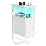 SONGMICS BELLAH Colección - Mesita Auxiliar, Mesita de Noche con Regleta, Mesa de Centro con Iluminación LED, 2 Cajones, Salón, Dormitorio, Blanco Nube LGS002W102