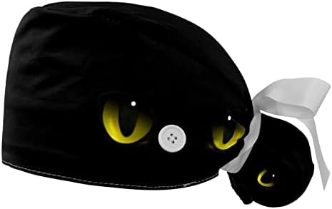 Mersov 2 Packs Cats Eyes Darkness Nurse Scrub Caps Women Long Hair, Adjustable Tie Back Skull Hat, One Size Working Head Cover Multicoloured 10 Medium-3X-Large